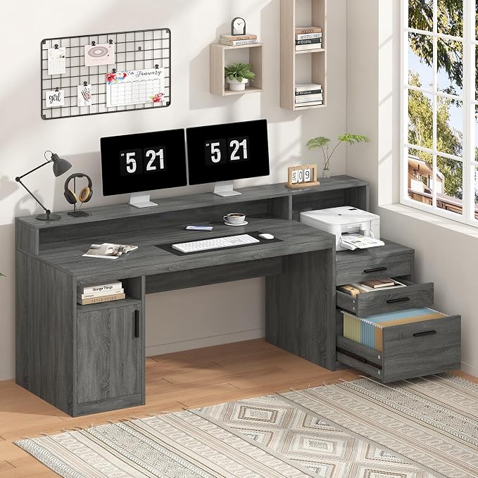 YOMILUVE Executive Computer Desk with 3 Drawers & Storage Shelves, 65 Inch Home Office Desk with File Drawer & Cabinet, Writing Study Desks with Monitor Stand & Printer Shelf, Dark Grey