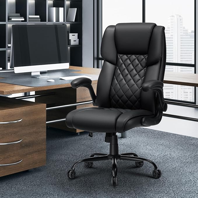 Big and Tall Office Chair 450lbs Heavy Duty Ergonomic Executive Desk Chair with Adjustable Lumbar Support High Back Home Computer Leather Chair with Padded Flip-up Arms for Heavy People Black