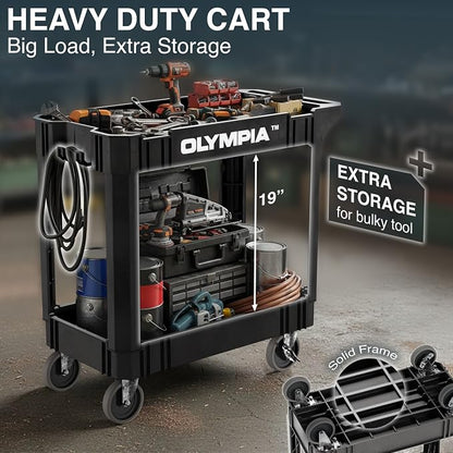 Olympia Tools 2 Shelf Black Rolling Utility Cart - Supports Up to 500 lbs, Comfort Handle - Heavy Duty Carts with Wheels - Great for Warehouse, Garage, Manufacturing, Cleaning