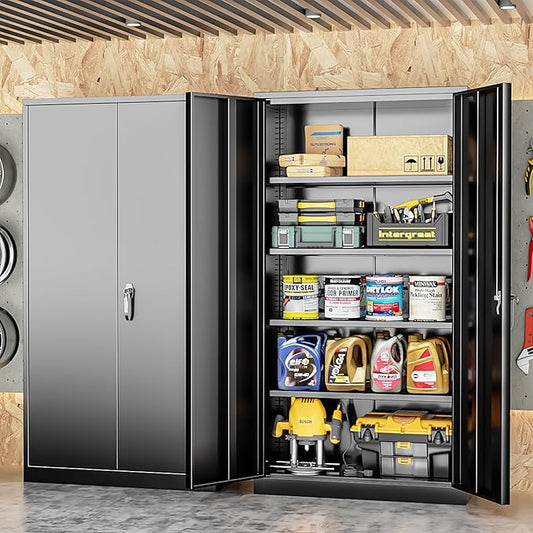 INTERGREAT Storage Cabinet with Doors and Shelves, Metal Garage Storage Cabinets with Lock, Black Lockable Steel Supply Cabinet for Home Office, Warehouse