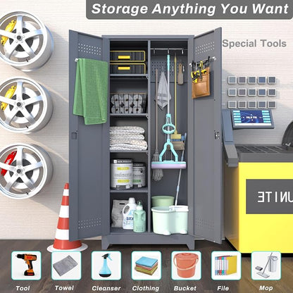 IRONFFICE Lockable Storage Cabinet,Metal Garage Storage Cabinets with Doors,Steel Utility Closet Cabinet with Adjustable Shelves,Locking Cabinet for Home,Garage,Gray