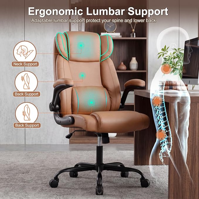 Office Desk Chair,Ergonomic Conference Room Chairs,Mid Back Executive Leather Chair,Comfy Computer Desk Chairs with Adjustable Flip-Up Arms and Rocking Function (Brown)