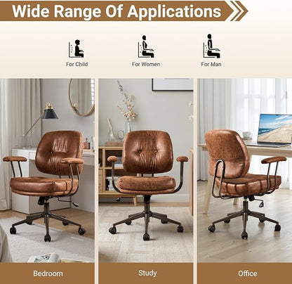 Ergonomic Home Office Chair, Mid-Century Faux Leather Home Office Desk Chairs with Wheels, Office Computer Chair with Rocking Swivel (Dark Brown,Suede)