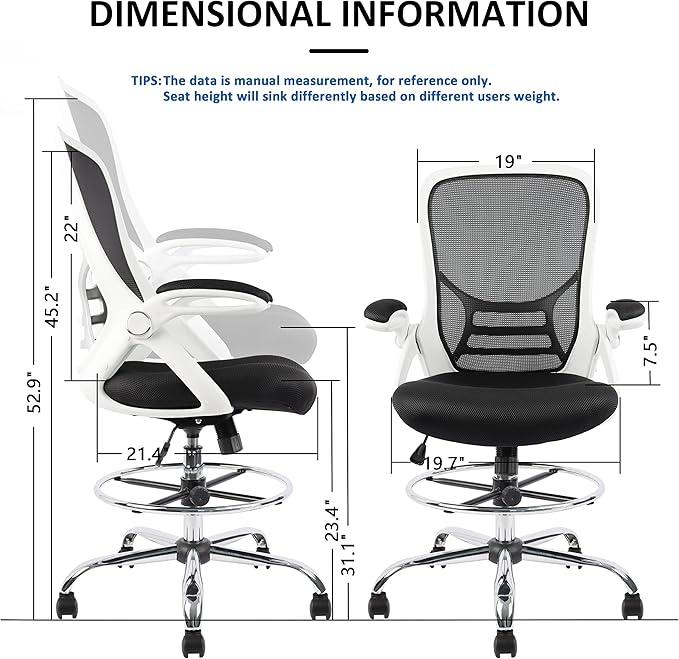 HYLONE Drafting Chair, Tall Office Chair Mesh Standing Desk Stool with Adjustable Foot Ring, Flip-Up Arms, White & Black