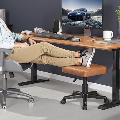 VECELO Under Desk Footrest, PU Ergonomic Foot Rest with Wheels, Comfort Padding, Height Adjustable for Relieving Leg Pain, Stiffness, and etc, Brown