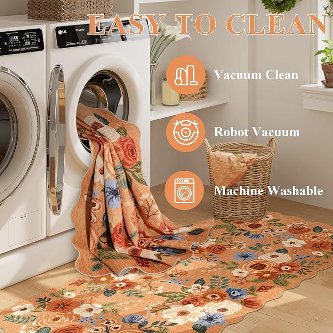 DUKINO 2x8 Washable Runner Rug, Lightweight Soft Floral Hallway Rug Runner with Low Pile Design, Non Shedding & Non Slip Backing Thin Indoor Carpet for Bedroom, Bathroom, Entrance, Kitchen, Orange