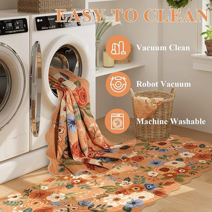 DUKINO 2x4 Washable Runner Rugs, Non Slip Floral Print Entryway Rug with Soft Low Pile, Lightweight Mat for Living Room, Bathroom, Bedroom, Kitchen, Orange