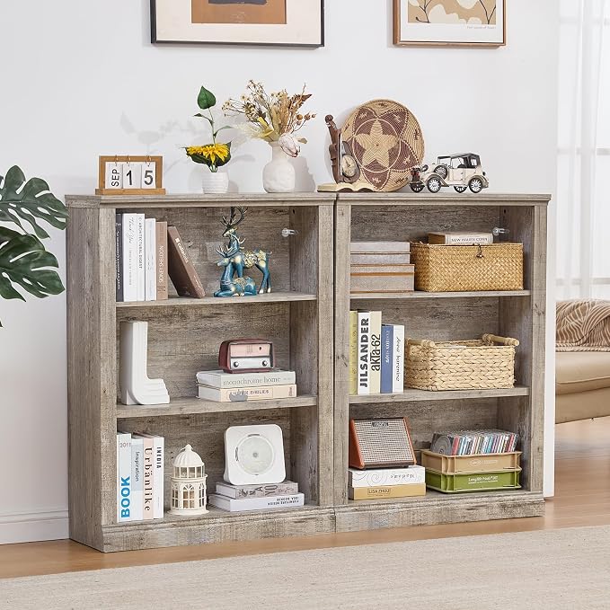 RWYHG 43" Grey Tall Bookshelf,3-Tier Thick Wooden Book Shelf with Adjustable Shelves,Free Standing Farmhouse Bookcase with Open Display Storage,Floor Vintage Bookshelves for Living Room,Office