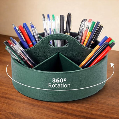 360° Rotating Leather Desk Storage Organizer with 6 Slots and Handle Extra-large Pen Holder Spinning Pencil Storage Lazy Susan Organizer Office Desk Supplies Marker, Art Supply(Green)