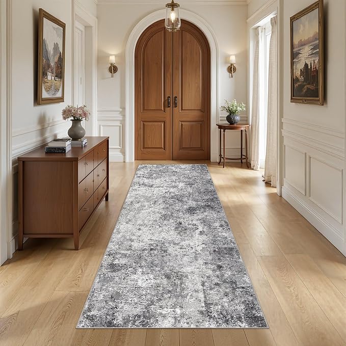 UERMEI 3x8 Washable Runner Rug for Hallway, Non Slip Low Pile Kitchen Carpet, Neutral Modern Abstract Indoor Floor Mat for Entryway Laundry, Kid & Pet Safe High Traffic Area, Grey