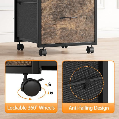 VINGLI 3 Drawer File Cabinet 34.8” Height, Rolling File Cabinet Mobile Tall File Cabinet with Wheels, Fabric Drawers Printer Stand for Home Office, Fits Letter Size, Rustic Brown