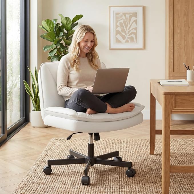 DurayLoly Criss Cross Chair with Wheels, Armless Cross Legged Office Chair with 2 Layer Comfy Leather & Back, 90°-120° Reclining, Wide Vanity Chair for Home Office, Beige