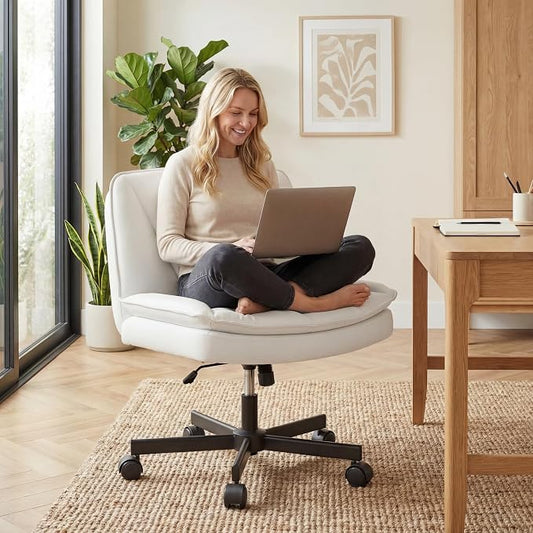 DurayLoly Criss Cross Chair with Wheels, Armless Cross Legged Office Chair with 2 Layer Comfy Leather & Back, 90°-120° Reclining, Wide Vanity Chair for Home Office, Beige