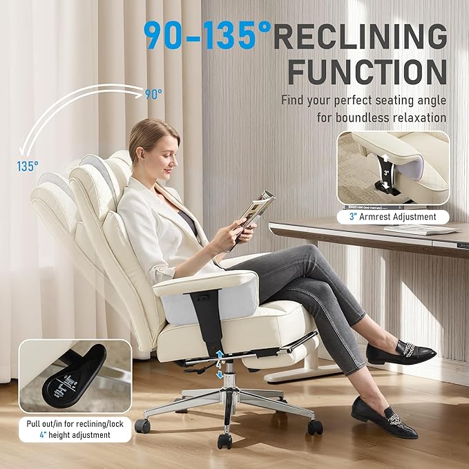 Big and Tall Office Chair, Leather Executive Ergonomic Desk Chair with Footrest, Comfy High-Back Computer Reclining Chairs with Lumbar Support (Beige)