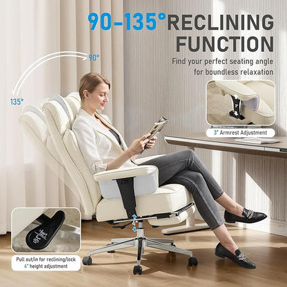 Big and Tall Office Chair, Leather Executive Ergonomic Desk Chair with Footrest, Comfy High-Back Computer Reclining Chairs with Lumbar Support (Beige)