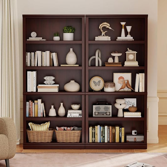 blini Bookshelf and Bookcase Set of 2, Wooden Double Wide Large Book Case, 5-Shelf Tall Bookshelf for Living Room, Home Office, Library (Mahogany, 5-Shelf)