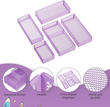 Marbrasse 5 Pack Desk Drawer Organizer Set, Mesh Drawer Storage Trays with 1 Adjustable Divider, Desk Organizers and Accessories, 5 PCS Drawer for Office Supplies, Makeup & Vanity (Purple)