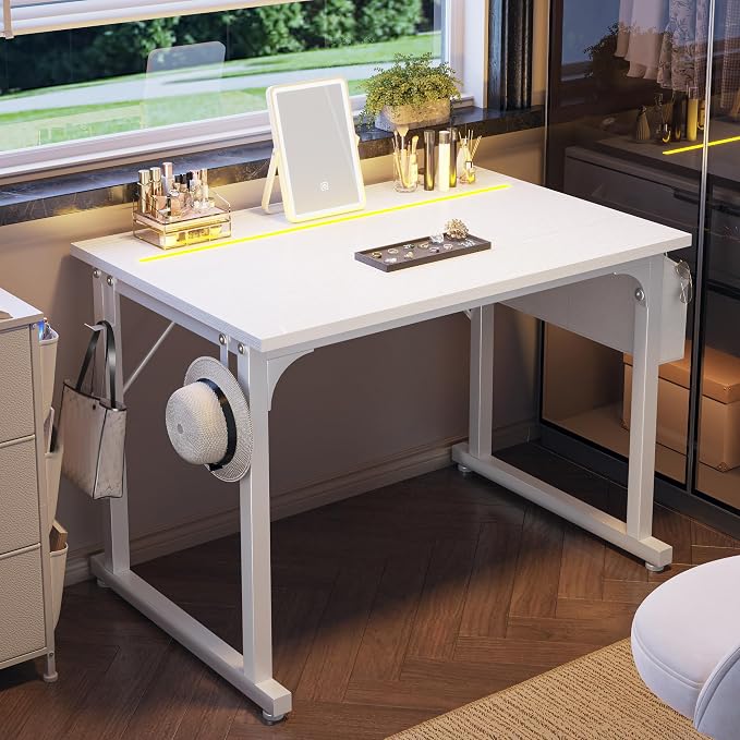 DurayLoly 32" Computer Desk with Waterproof LED Lights,Bedroom Study Desk for Teens, Dorm Room Essentials,Headphone Hook&Storage Bag for Small Spaces,Sturdy Metal Frame,White