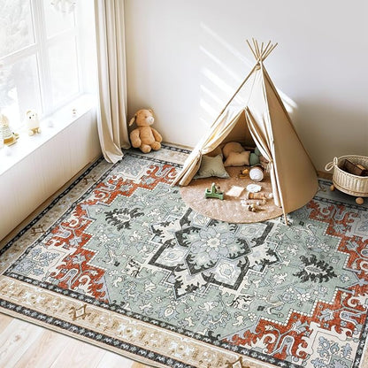 Lofus 5x7 Area Rugs for Living Room and Bedroom, Machine Washable Rug for Kitchen Office, Non Slip Low Pile Carpet, Vintage Boho Soft Carpets, Beige Orange