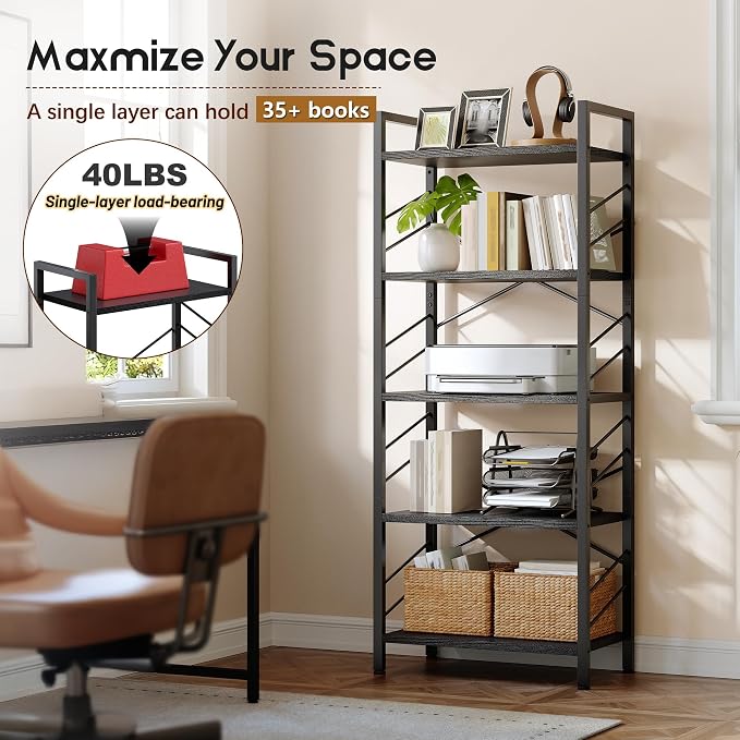 DurayLoly 5 Tier Bookshelf, Industrial Tall Bookcase, Modern Display Book Shelf with Metal Frame and Sidebars for Bedroom, Living Room and Home Office, Black