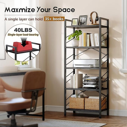 DurayLoly 5 Tier Bookshelf, Industrial Tall Bookcase, Modern Display Book Shelf with Metal Frame and Sidebars for Bedroom, Living Room and Home Office, Black