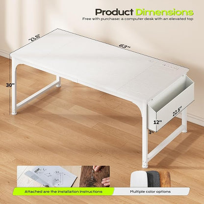 DurayLoly 63 x 24 inch Large Desk, 24mm Thick Heavy Duty Computer Desk with RGB LED & Power Outlets, Gaming Desk with Detachable Stand, Hooks & Storage Bag, 150LBS Load Capacity, White
