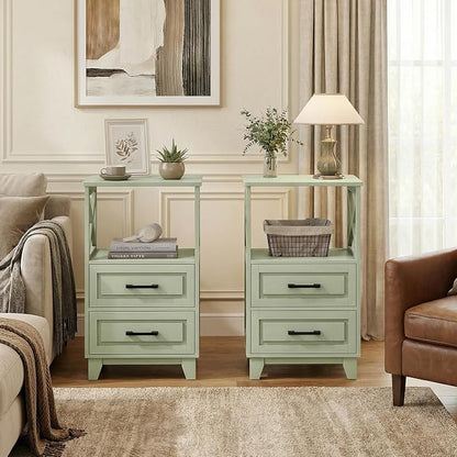 RoyalCraft 30" Tall Nightstand, Modern Painted Bedside Table with 2 Drawers and Open Shelf, Wood Side Table for Bedroom, Home Office, Green-Open Shelf Above, Set of 2