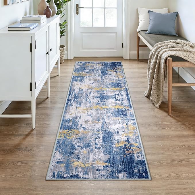 RELEANY Washable Area Rugs 3x7 Non-Slip Modern Abstract Soft for Living Room Entryway Bedroom Kitchen, Print Pattern, Grey Blue Gold/Golden