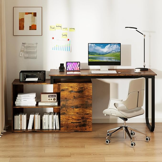 GOFLAME Reversible L Shaped Computer Desk with Charging Station, 55” Home Office Desk with 3 Drawers, 3-Level Adjustable Shelf, Convertible Study Writing Desk for Small Space, Rustic Brown