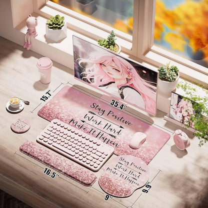Desk Mat Set + Keyboard and Mouse Pad with Wrist Rest Support,4-in-1 Large Mousepad Computer Mats for Desktop Home & Office-Glitter Pink