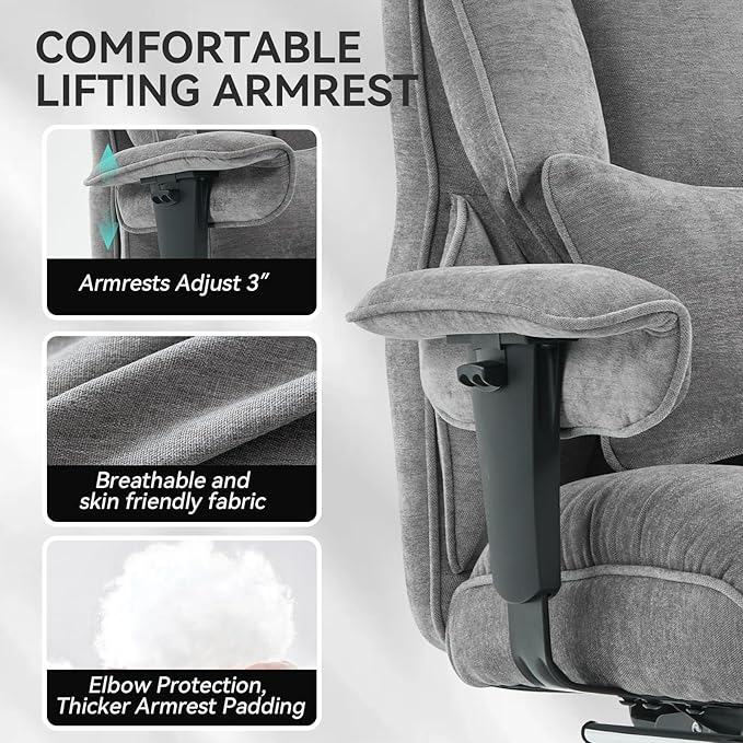 Efomao Executive Office Chair 400lbs, Grey Fabric Big and Tall Desk Chair | Breathable fabric, pocket spring & foam seat, retractable footrest, 135° recline for computer gaming setup