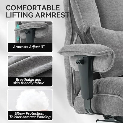 Efomao Executive Office Chair 400lbs, Grey Fabric Big and Tall Desk Chair | Breathable fabric, pocket spring & foam seat, retractable footrest, 135° recline for computer gaming setup