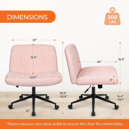 Orange Factory Criss Cross Chair Wheels Wide Cross Legged Office Desk Vanity Dual Base Comfy Fabric Armless Adjustable Swivel for Home Computer Task (Pink Dual Base, Fabric)