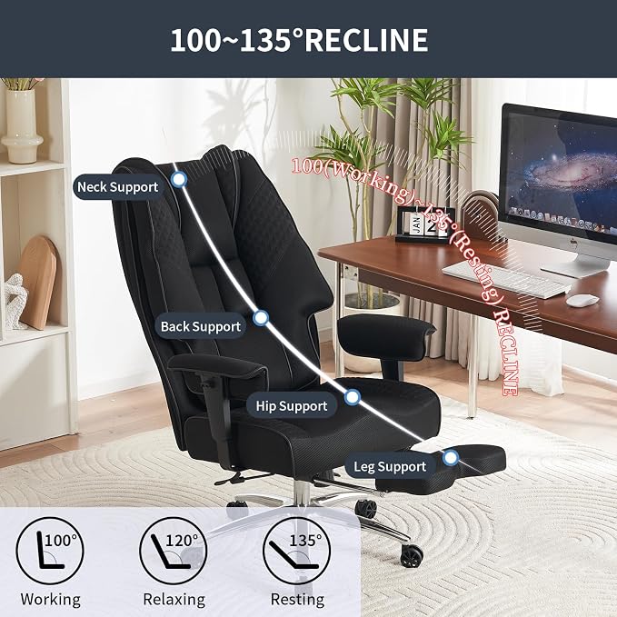 Big and Tall Office Chair 400lbs Wide Seat, Leather High Back Executive Office Chair with Foot Rest, Ergonomic Chairs Lumbar Support for Lower Back Pain Relief (Mesh Black)