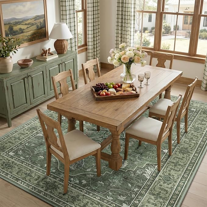 RELEANY Area Rugs 8'x10' Washable Non-Slip, Floral Vintage Distress Medallion Carpet for Living Room Bedroom Dining Room, Dark Green Gray