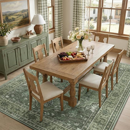 RELEANY Area Rugs 7'x10' Washable Non-Slip, Floral Vintage Distress Medallion Carpet for Living Room Bedroom Dining Room, Dark Green Gray