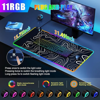 Mouse Pad with Phone Holder, Wireless Charging Desk Mat, RGB Gaming Mousepad Home Office Large Desk Pad with Ultra-Smooth Surface, Non-Slip Base, Waterproof Keyboard Pad,Topographic Black