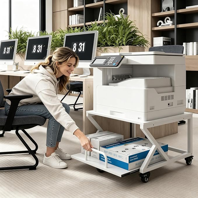 Natwind 2 Tier Printer Stand,23.6''x23.6'',with Pull Out Shelf,White | Easy Reach for Lower Shelf Items,Rolling Printer Cart with Wheels,Fits Under Desk,Supports 205lbs,for Home Office Kitchen
