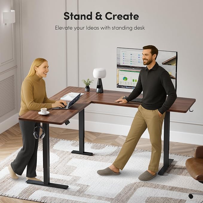 Cubiker Reversible L Shaped Standing Desk - 63 x 55 Inch Electric Adjustable Height Corner Standing Desk, Ergonomic Sit Stand Up Table with 3 Memory Buttons, Splice Board for Home Office, Black Walnut