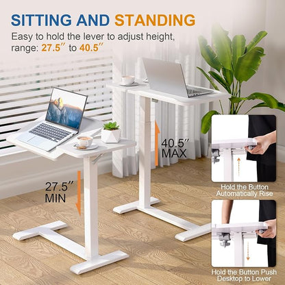 Adjustable Overbed Bedside Table with Hidden Wheels, Pneumatic Tilt Board Rolling Laptop Standing Desk Cart, Mobile Over Bed Sofa Chair Side End Tables, Walnut (White)
