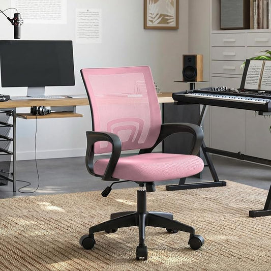 Magshion Ergonomic Office Desk Chair, Mid-Back Mesh Computer Chair, Swivel Chair with Breathable Backrest & Lumbar Support, Adjustable Height for Gaming, Work, Study, 300 Lbs Capacity, Pink