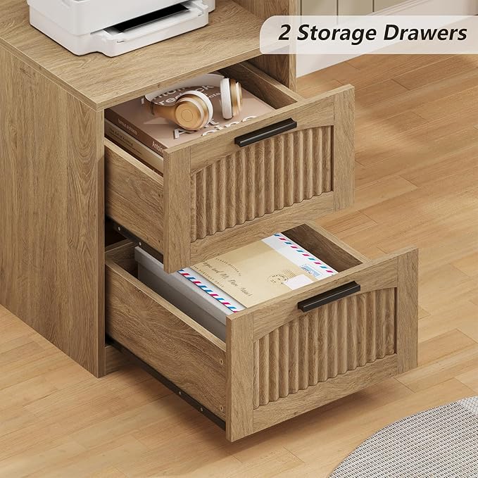 YOMILUVE 63" Farmhouse L Shaped Executive Desk with Drawers & Storage Shelf, Corner Fluted Computer Desk with Power Outlets, L Shaped Office Desk with Monitor Stand, Printer Shelf, Oak