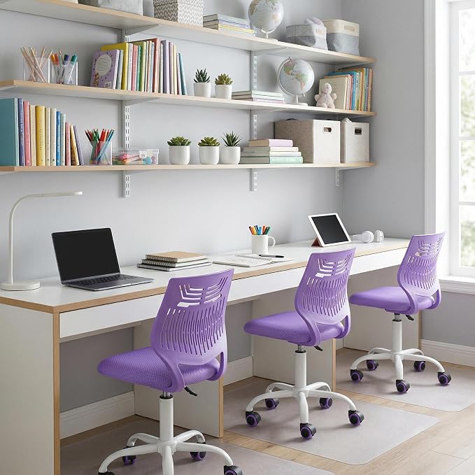 FurnitureR Desk Chair, Armless Home Office Task Chair with Mesh Padded Cushion, Swivel Study Computer Chair with Rolling Wheels for Children Kids Teens Students, Purple
