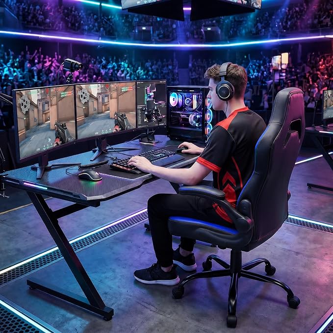 Sweetcrispy Computer Video Game Desk Chair: Ergonomic Comfy Lumbar Support, PU Leather with Flip-up Armrest, Height Adjustable and 360° Swivel, for Adults, Black Blue