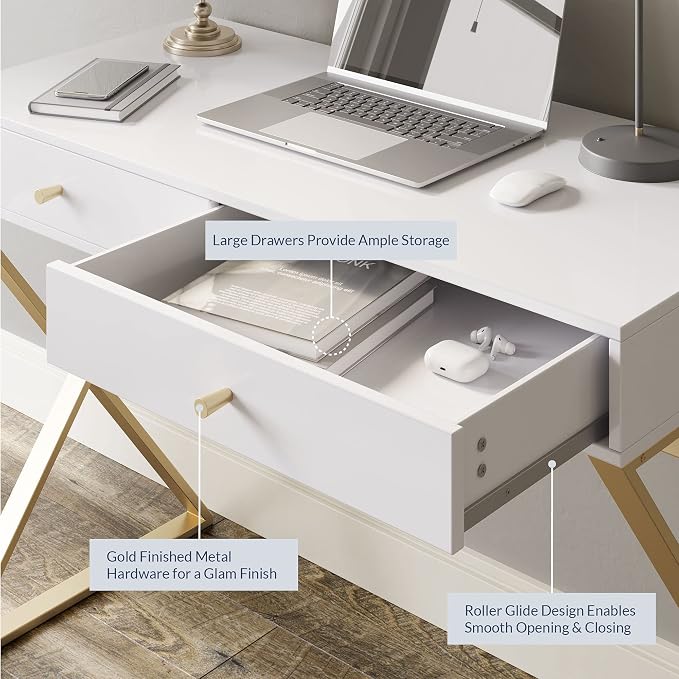 BELLEZE Modern 42 Inch Makeup Vanity Dressing Table or Home Office Computer Laptop Writing Desk with Two Storage Drawers, Wood Top, and Gold Metal Frame - Ellena (White)