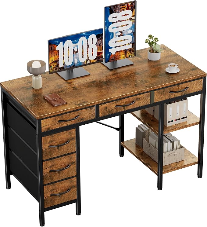 Sweetcrispy 47" Computer Desk with 6 Drawers, Home Office Gaming Desks with Storage Shelves for Bedroom, Writing Study Corner Living Room Work Table Rustic Brown