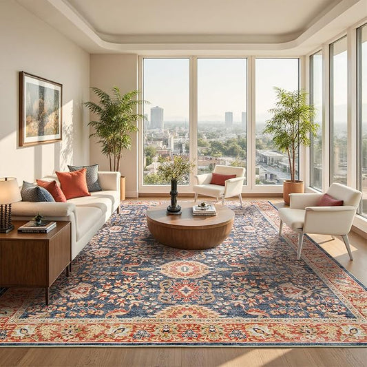 Goideal Washable Rug 9x12, Vintage Area Rugs Non Slip, Indoor Low Pile Carpet with Rubber Backing for Living Room Kitchen Bathroom Entryway Office Bedroom, Navy Blue & Orange
