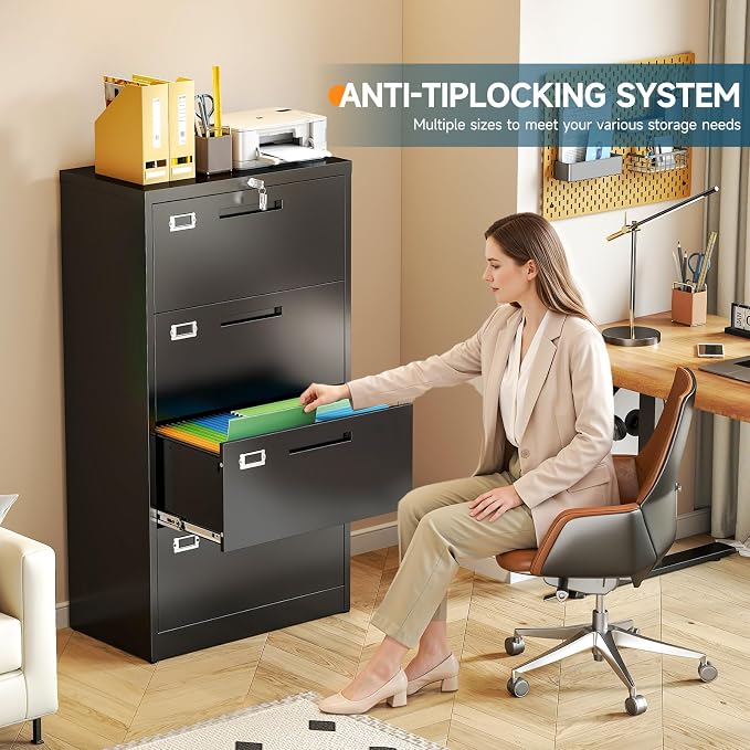 MIIIKO 4 Drawer Lateral File Cabinet with Lock, Black Lateral Filing Cabinets, Metal Storage File Cabinets for Hanging Files Letter/Legal/F4/A4 Size