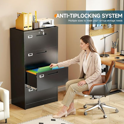 MIIIKO 4 Drawer Lateral File Cabinet with Lock, Black Lateral Filing Cabinets, Metal Storage File Cabinets for Hanging Files Letter/Legal/F4/A4 Size