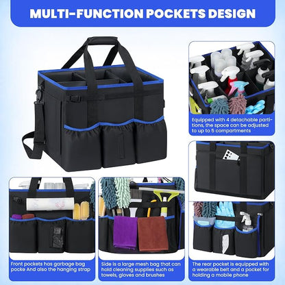 Rolling Cleaning Caddy Bag with Detachable Trolley, Large Multi-Pockets Cleaning Supply Organizer with Handles and Shoulder Strap, Cleaning Cart Supplies Organizer for Housekeepers, Cleaners, Car